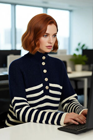 Kadın Oversize Dik Yaka Çizgili Triko Kazak Düşük Kollu Crop Kesim Günlük Şık Kış Stili Kaliteli