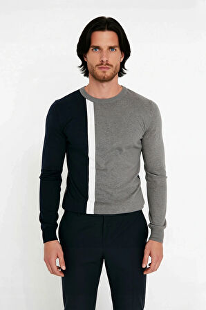 Erkekler İçin Fitted Kalıp Bisiklet Yaka Renk Bloklu Uzun Kollu Basic Dokulu Triko Kazak Kaliteli