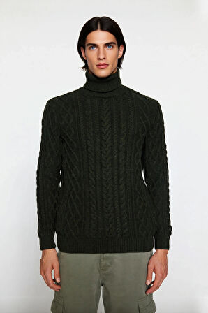 Erkek Fitted Kalıp Triko Balıkçı Yaka Saç Örgü Desenli Kalın Standart Kol Günlük Şık Kazak