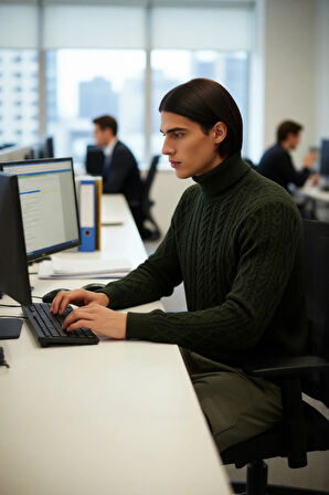 Erkek Fitted Kalıp Triko Balıkçı Yaka Saç Örgü Desenli Kalın Standart Kol Günlük Şık Kazak