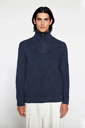 Erkek Regular Fit Fermuarlı Dik Yaka Kalın Triko Kazak Yünlü Karışım Kışlık Günlük Konfor İçin İdeal