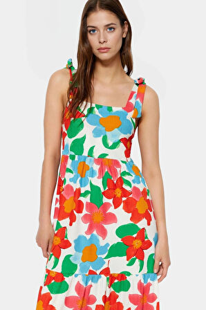 Maxi Elbise Büyük Çiçek Desenli Örme Yazlık Günlük A Line Kalıp Özel Tasarım