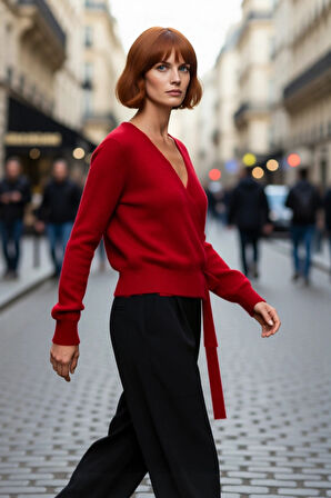 Kadın Kruvaze Triko Kazak Regular Kalıp Rahat Kesim Orta Kalınlık Düz Desen Standart Kol Uzun Kollu