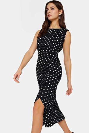 Maxi Elbise Puantiyeli Desenli Esnek Örme Bodycon Kalıp Günlük Stil Konforlu Kesim
