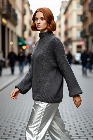 Kadın Oversize Kalın Dik Yaka Triko Kazak Kışlık Soğuk Havalarda Konforlu Günlük Stil Kaliteli