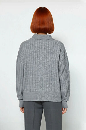 Kadın Oversize Polo Yaka Düşük Kol Fitilli Triko Kazak Kışlık Günlük Şıklığı Tamamlayan Konforlu