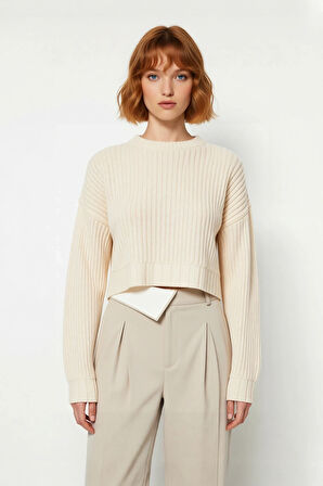 Kadınlar İçin Oversize Crop Bisiklet Yaka Fitilli Uzun Kollu Basic Akrilik Triko Kazak İlkbahar