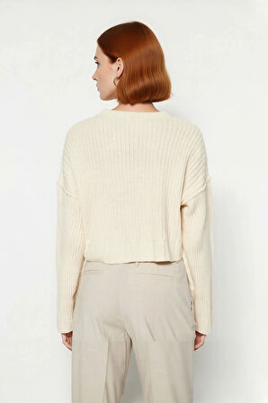 Kadınlar İçin Oversize Crop Bisiklet Yaka Fitilli Uzun Kollu Basic Akrilik Triko Kazak İlkbahar