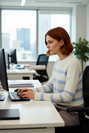 Kadın Oversize Kalıp Gri Çizgili Bisiklet Yaka Crop Triko Kazak Uzun Düşük Kol Detaylı Kaliteli