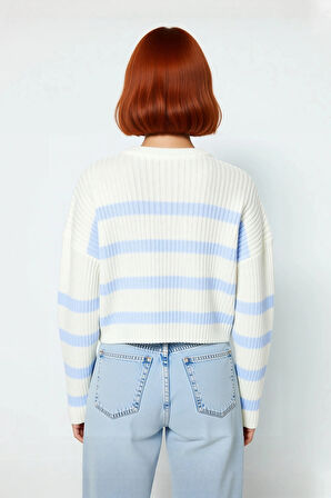 Kadın Oversize Kalıp Gri Çizgili Bisiklet Yaka Crop Triko Kazak Uzun Düşük Kol Detaylı Kaliteli