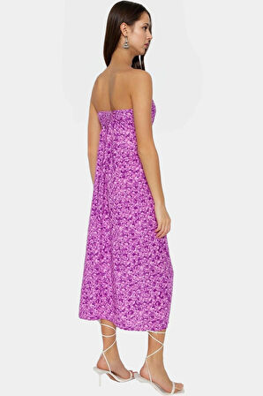 Çiçek Desenli A line Midi Elbise Yazlık Dokuma Kumaş Günlük Kullanım İçin Rahat