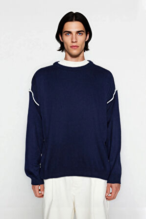 Erkek Oversize Rahat Akrilik Bisiklet Yaka Triko Kazak Biye Detaylı Kışlık Modern Giyim Stili