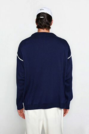 Erkek Oversize Rahat Akrilik Bisiklet Yaka Triko Kazak Biye Detaylı Kışlık Modern Giyim Stili