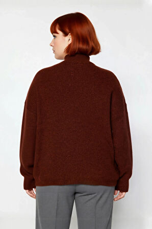 Kadın Relaxed Kalıp Düz Desen Dik Yaka Fermuarlı Triko Kazak Uzun Kollu Orta Kalınlık Basic Şık