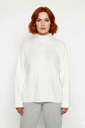 Kadın Relaxed Kalıp Dik Yaka Fitilli Dokuma Düğmeli Triko Kazak Kış Günleri İçin Konfor ve Şıklık