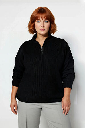 Kadın Relaxed Kalıp Düz Desen Dik Yaka Fermuarlı Triko Kazak Uzun Kollu Orta Kalınlık Basic Şık