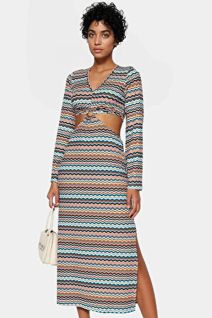 Çok Zigzag Desenli Midi Örme Elbise Günlük Yazlık Rahat Kesim Yüksek Kalite Kullanım