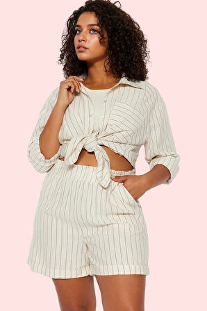 Kadın Keten Görünümlü Çizgili Şort Geniş Paça Rahat Günlük Yaz Hafta Sonu Kaliteli Malzeme