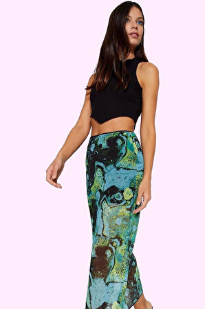 Kadın Maxi Etek Soyut Desenli Örme Tül Kalem Astarlı İç Göstermeyen Yaz Stilin Buluştuğu Yer