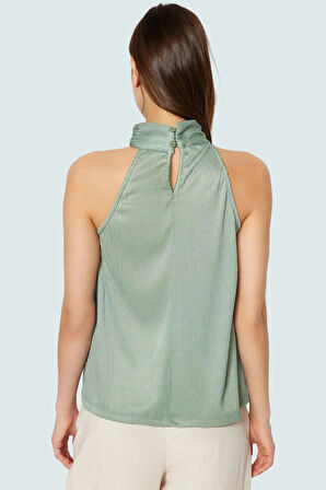 Pilise Örme Bluz Halter Yaka Regular Kalıp Yazlık İş Elbisesi Uzun Ömürlü Konforlu Kesim