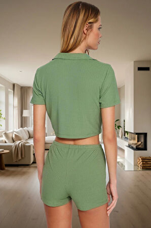 Kadın Fitilli Crop Şortlu Pijama Takımı Yazlık Regular Kalıp Trend Tasarım Seçkin Malzeme