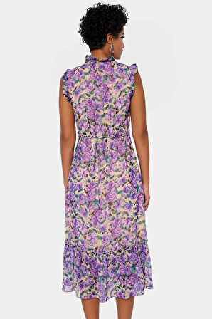 Çiçek Desenli A Kesim Midi Şifon Elbise Astarlı Dik Yaka Yazlık Özel Tasarım Rahat Ve Şık