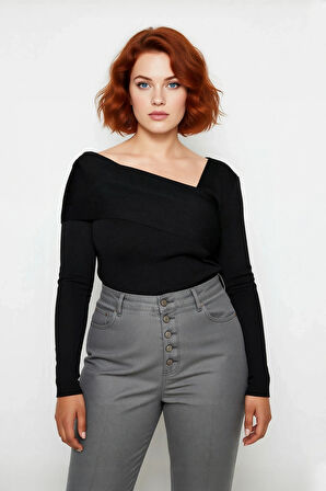 Kadın Asimetrik Yaka Uzun Kollu Modern Triko Kazak Şık Gündüz Gece Kombinleri İçin Konforlu ve Zarif