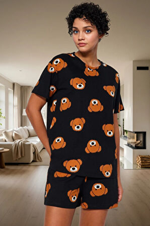 Kadın Ayıcıklı Pamuklu Kısa Kollu Pijama Takımı Dayanıklı Malzeme Trend Tasarım