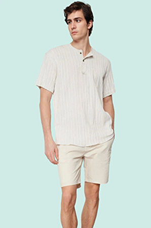 Erkek Keten Karışımlı Oversize Fit Gömlek Bisiklet Yaka Düz Desen Günlük Stil Modern Tasarım