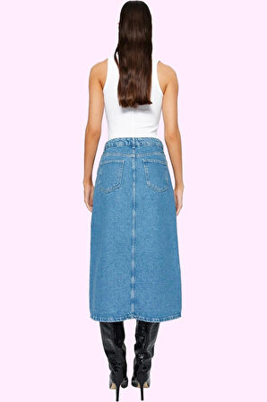 Kadın Midi Boy Denim Etek Yırtmaçlı Kalem Kalıp Pamuklu Günlük Şıklık Yaz Aylarının Vazgeçilmezi