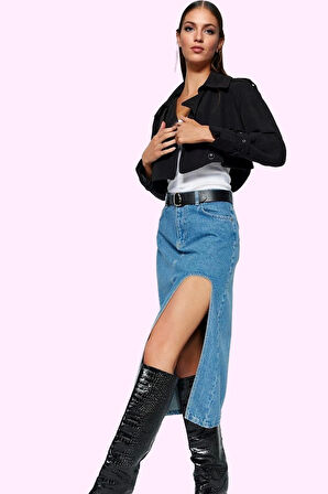 Kadın Midi Boy Denim Etek Yırtmaçlı Kalem Kalıp Pamuklu Günlük Şıklık Yaz Aylarının Vazgeçilmezi