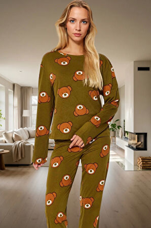 Kadın Ayıcıklı Pijama Takımı %100 Pamuk Boru Paça Uzun Kollu Rahat Uyku Özel Tasarım Ömürlü