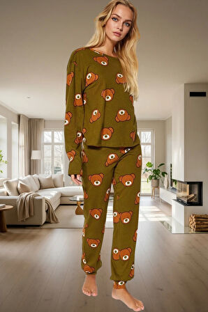 Kadın Ayıcıklı Pijama Takımı %100 Pamuk Boru Paça Uzun Kollu Rahat Uyku Özel Tasarım Ömürlü