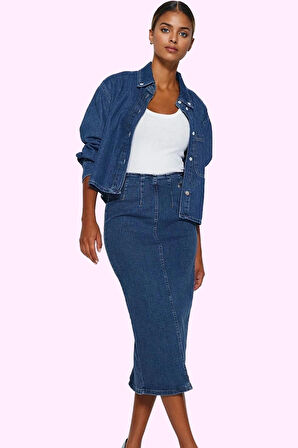 Kadın Denim Kalem Etek Kemerli Midi Boy Günlük Stil Özel Günler Yaz Aylarının Vazgeçilmezi