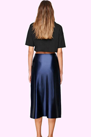 Kadın Midi Boy Saten Etek A Kesim Beli Lastikli Şık Günlük Hafta Sonu Yaz Aylarının Vazgeçilmezi