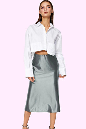 Kadın Midi Boy Saten Etek A Kesim Beli Lastikli Şık Günlük Hafta Sonu Yaz Aylarının Vazgeçilmezi