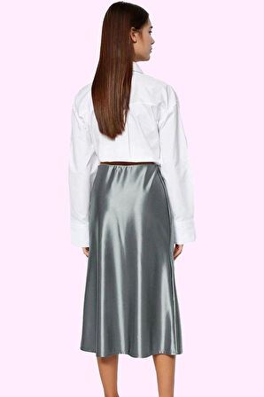 Kadın Midi Boy Saten Etek A Kesim Beli Lastikli Şık Günlük Hafta Sonu Yaz Aylarının Vazgeçilmezi