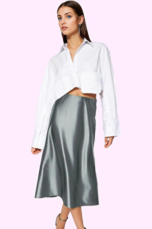 Kadın Midi Boy Saten Etek A Kesim Beli Lastikli Şık Günlük Hafta Sonu Yaz Aylarının Vazgeçilmezi