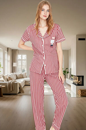 Kadın Kısa Kollu Çizgili Pamuklu Pijama Takımı Rahat Ev Giyim Seti Özenle Seçilmiş