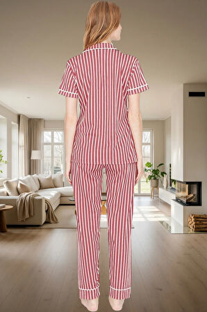 Kadın Kısa Kollu Çizgili Pamuklu Pijama Takımı Rahat Ev Giyim Seti Özenle Seçilmiş