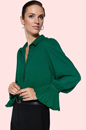 Kadın İspanyol Kol Gömlek Düz Desen Regular Kalıp Queen Crep Dokuma İş Ve Günlük Hafta Sonu