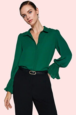 Kadın İspanyol Kol Gömlek Düz Desen Regular Kalıp Queen Crep Dokuma İş Ve Günlük Hafta Sonu