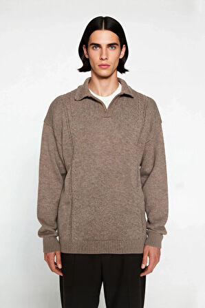 Erkek Oversize Polo Yaka Triko Kazak Kışlık Kalın Yapısı ve Rahat Standart Kol Kesimi Kaliteli