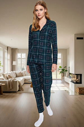 Kadın Kışlık Ekose Pijama Takımı Regular Kalıp Uzun Kollu  Polyester Mükemmel Uyum Seçkin Malzeme