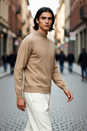 Erkek Regular Fit Dik Yaka Düz Triko Kazak Kışlık Basic Yumuşak Yapısıyla Günlük Kombinler İçin