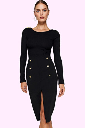 Kadın Midi Boy Scuba Krep Etek Düğmeli Yırtmaçlı Kalem Kalıp Günlük Kullanım Modern Tasarım