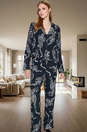 Kadın Kaplan Desenli Viskoz Pijama Takımı Rahat Şık Kışlık Görünüm Özenle Seçilmiş Modern Stil