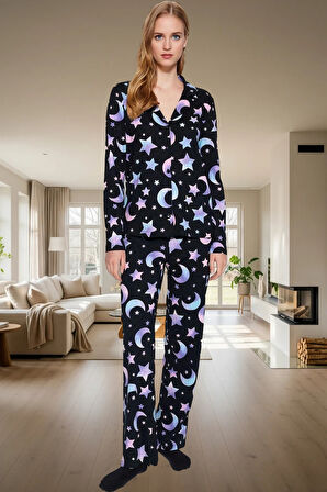 Kadın Uzun Kollu %100 Pamuklu Pijama Takımı Galaksi Desenli Rahat Konforlu Kesim