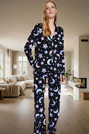 Kadın Uzun Kollu %100 Pamuklu Pijama Takımı Galaksi Desenli Rahat Konforlu Kesim