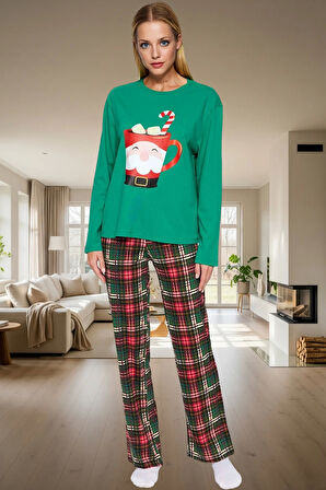 Kadın Kışlık %100 Pamuklu Pijama Takımı Rahat Yılbaşı Baskısı Konforlu Kesim Ve Şık